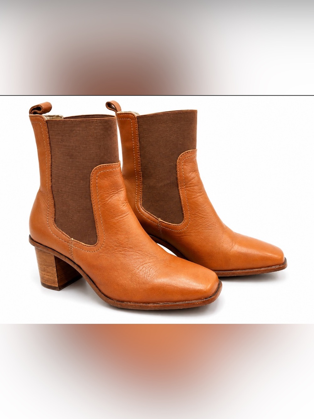 Patina Chelsea Ankle Boots Women 9.5 Cognac Leather Block Heel Made Brazil
